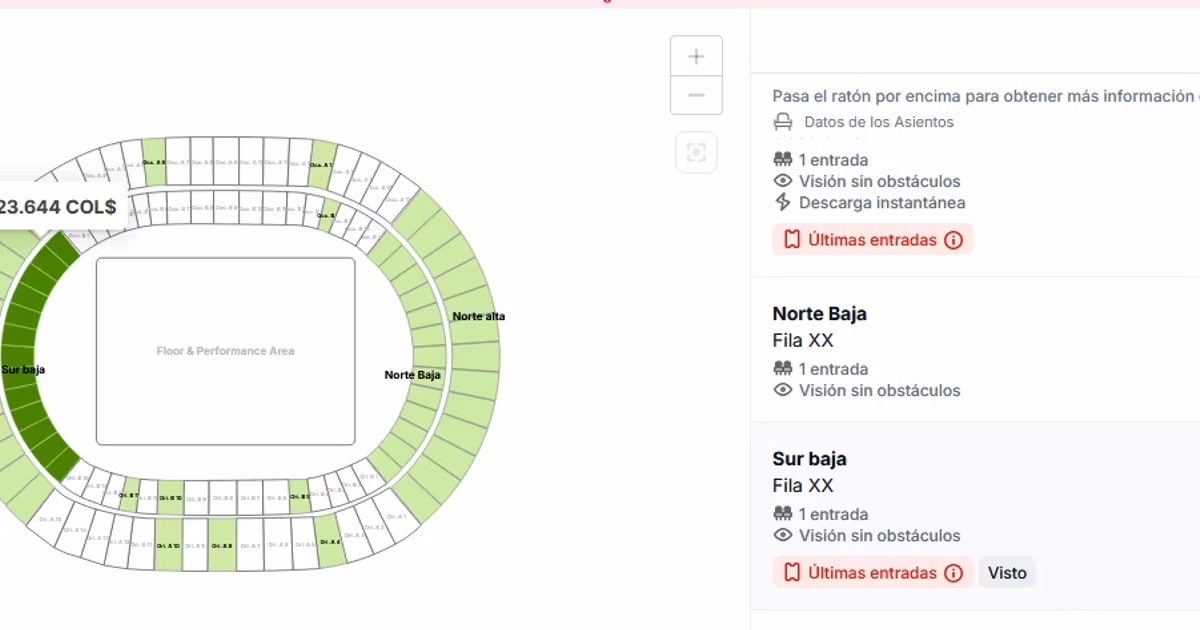 Captura de pantalla de página de reventa con los precios para la final de la Copa Sudamericana