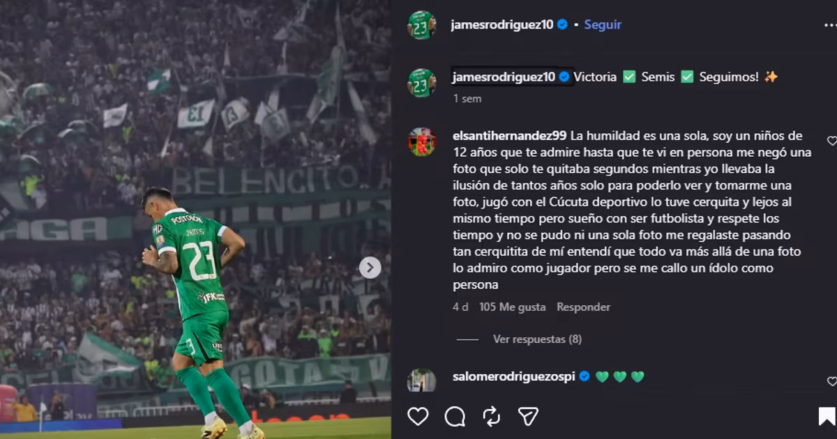 Captura de pantalla de posteo de Instagram de James Rodriguez y comentario de niño de 12 años