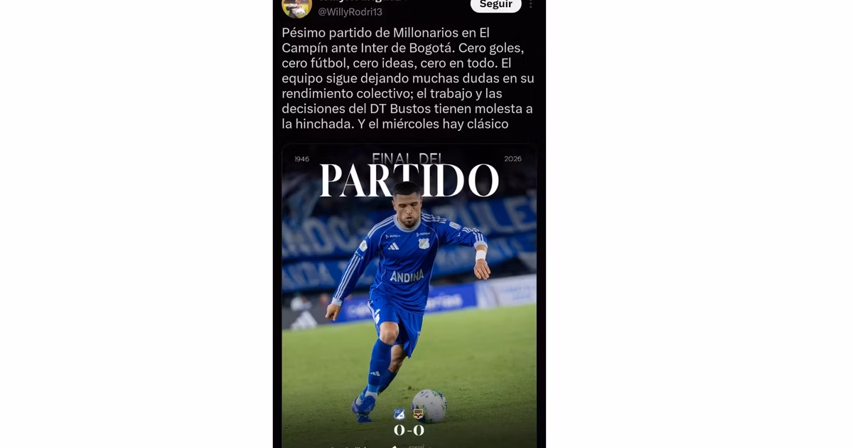 Post de hincha de Millonarios en X