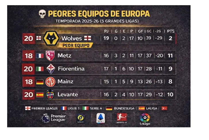 Comparativa de los peores equipos de las 5 grandes ligas