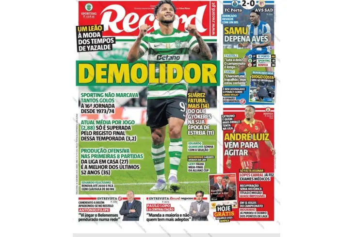 Luis Suárez, portada del 'Record' de Portugal