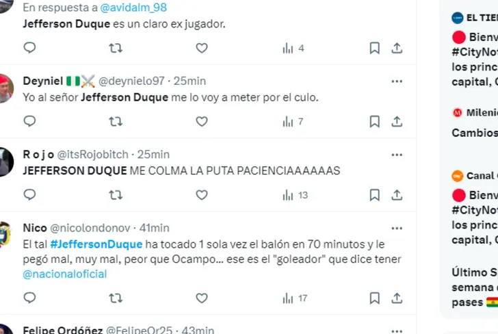 Los duros comentarios a Jefferson Duque por tronco en Nacional 